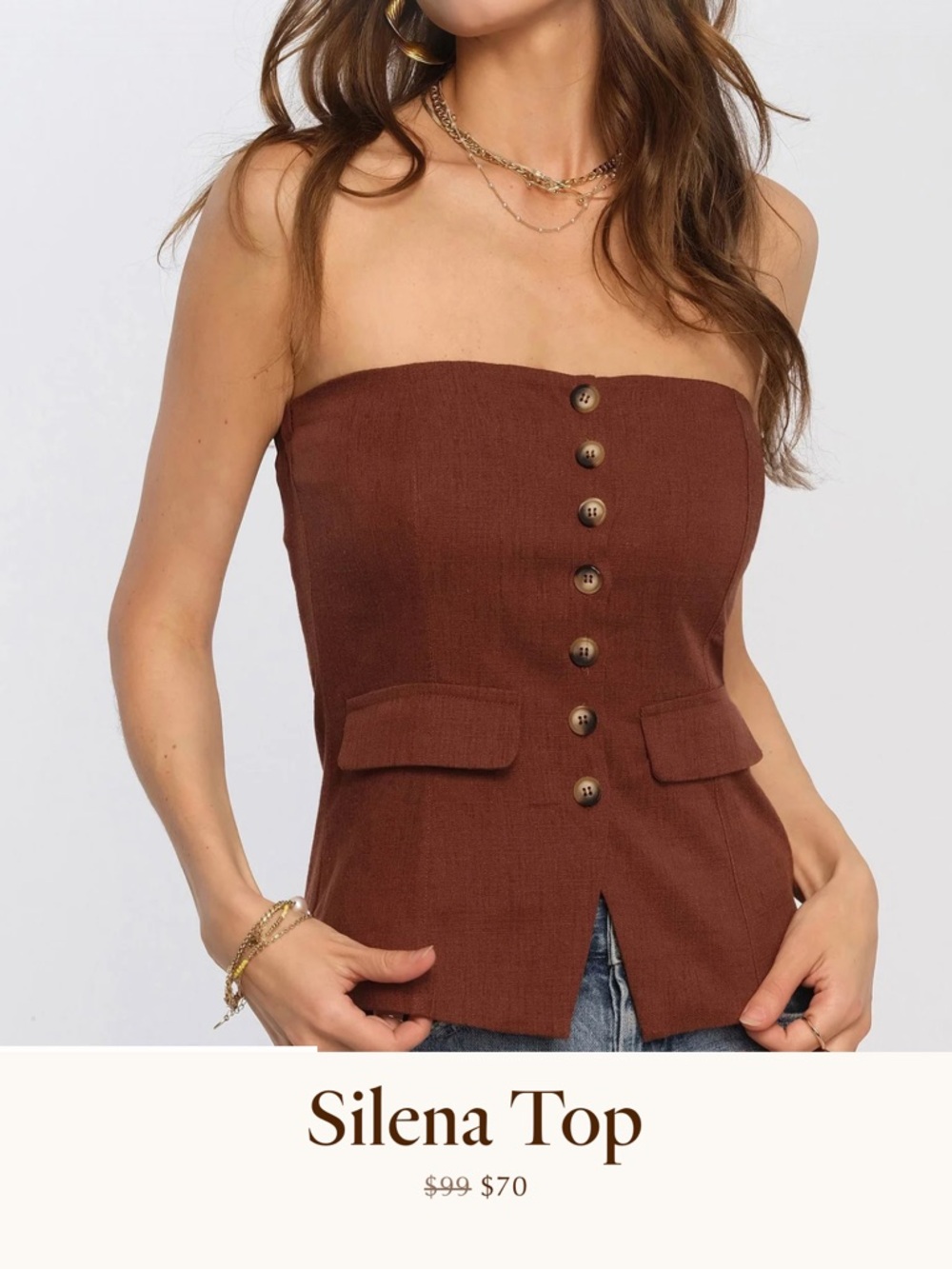Heartloom Silena Strapless Button-Front Top in Brown